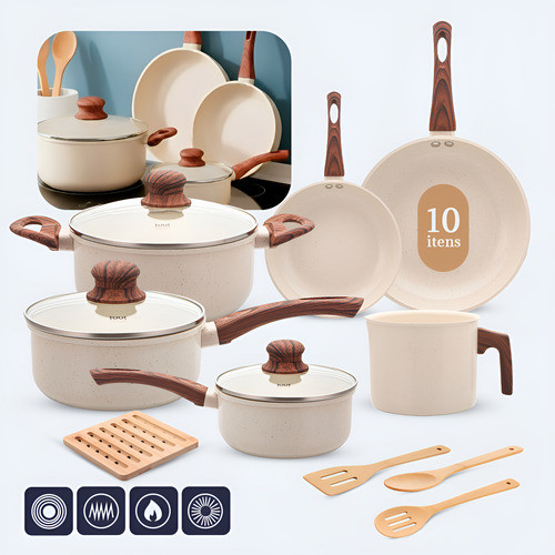 Jogo De Panelas Induçao Antiaderente Cerâmica 10 Peças Ppg  Pfoa Free Vanila Premium