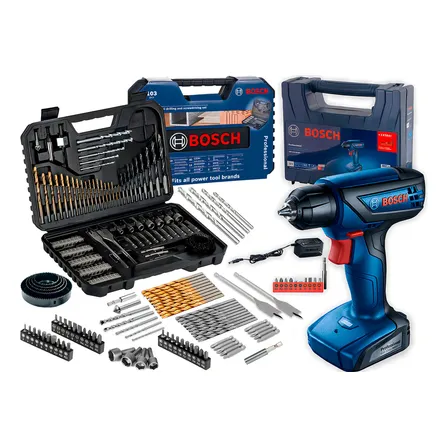 Furadeira Parafusadeira Sem Fio De 6mm Bosch Gsr 1000 Smart C/ Maleta + Jogo Kit Pontas Brocas 103 Peças Bosch Azul 127/220v