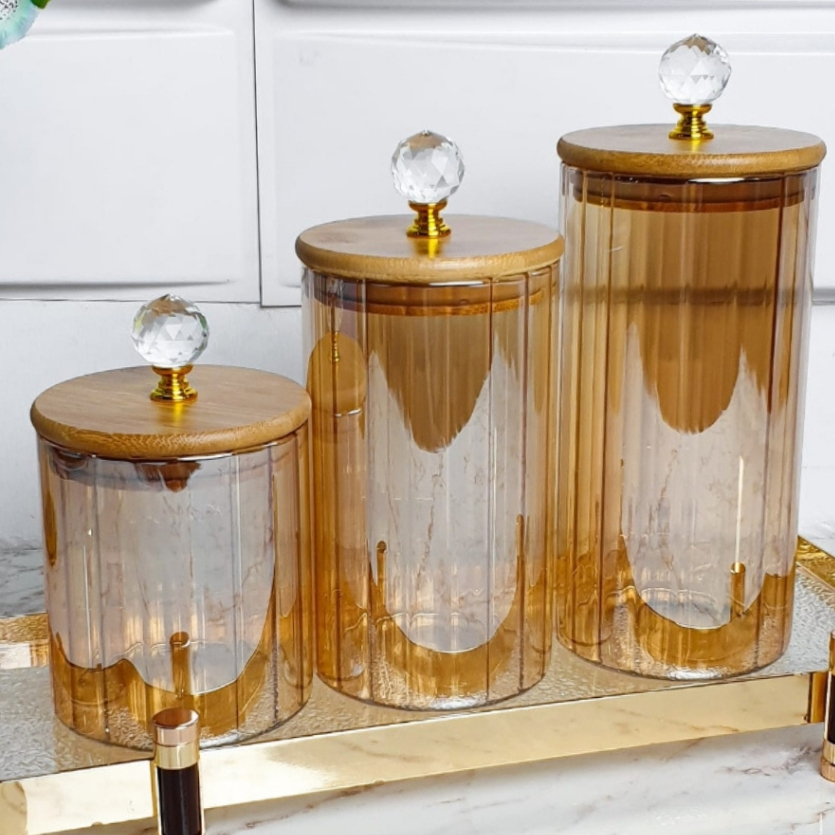 Kit Potes Vidro CANELADO ÂMBAR CRISTAL Porta Mantimentos cozinha Tampa Bambu Argola Dourada PMG porta tempero