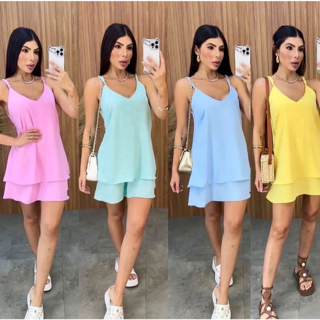 Vestido Feminino Curto de Alça Soltinho Elegante com Babado e cores Candy Colors Verão Duna Alcinha