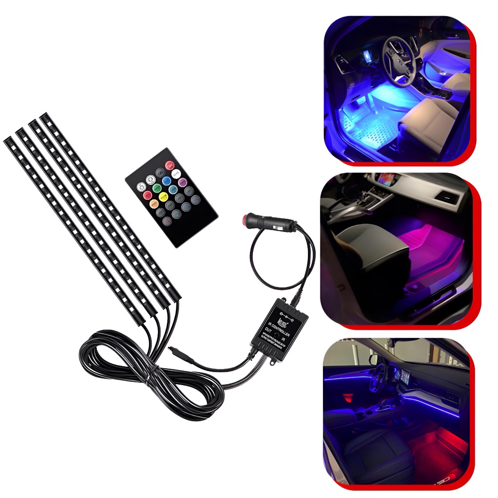 Kit Para Iluminação Interior Carro Luz Led Neon Rgb C/controle Sensor Rítmico 12v 4 Faixas de Luz
