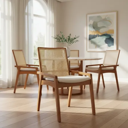 Cadeira Madeira Moderna Telinha Ratan Cerejeira Linho Cru