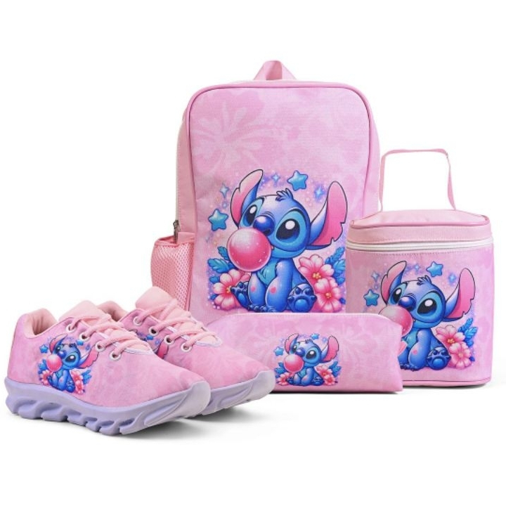 Kit Escolar Infantil Stitch Tênis Mochila Passeio Lancheira e Bolsinha Lançamento