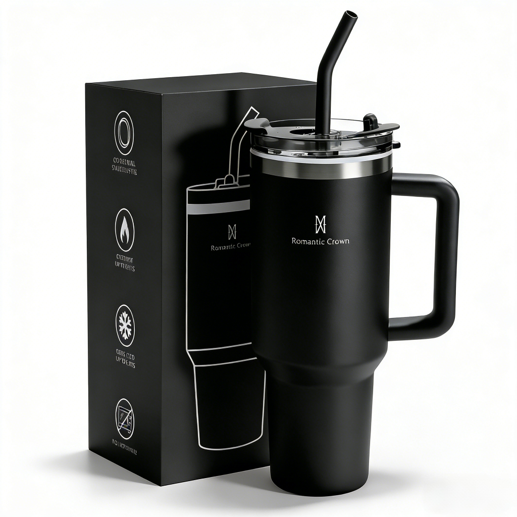 ROMANTIC CROWN Copo Térmico Inox Portátil 1200ml/600ml com Tampa e Canudo Garrafa Térmica Inoxidável