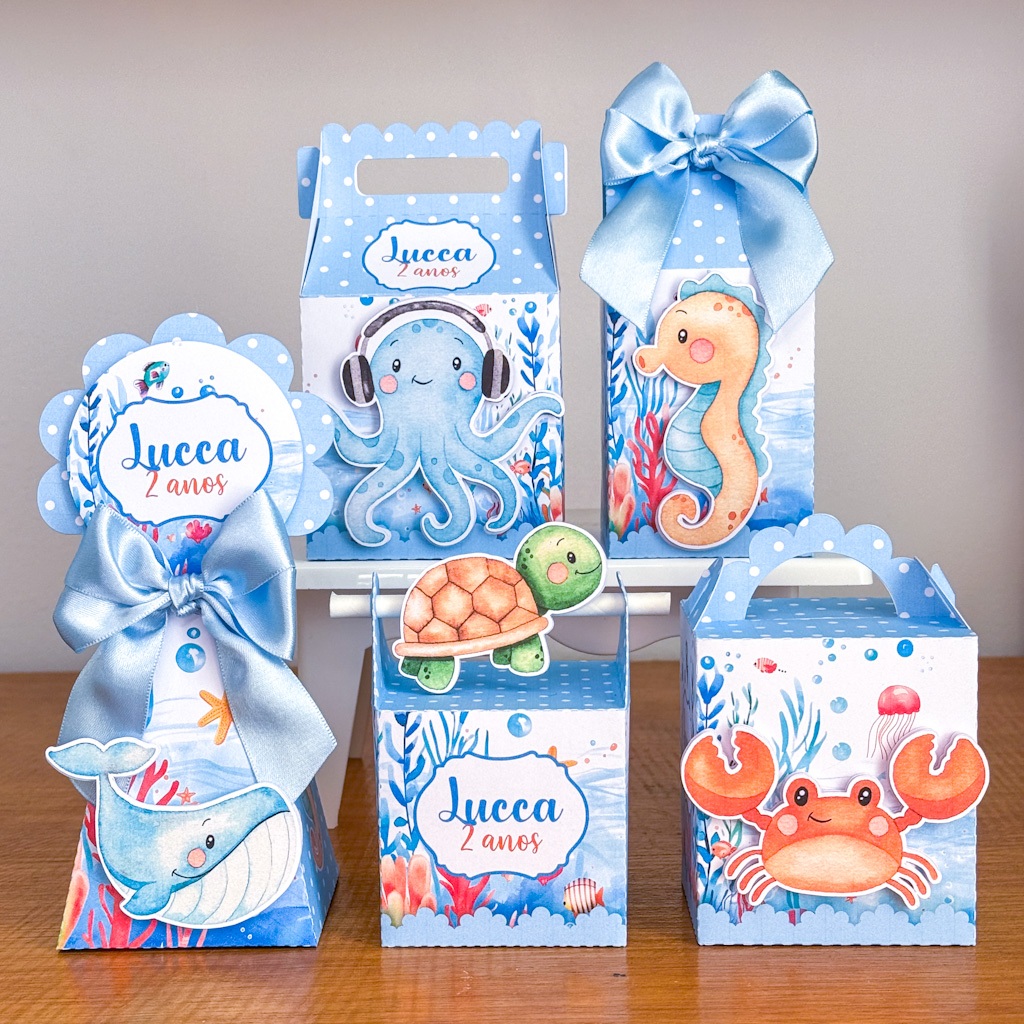 Kit fundo do mar menino- caixinhas personalizadas  - pegue e monte - festa  - com nome