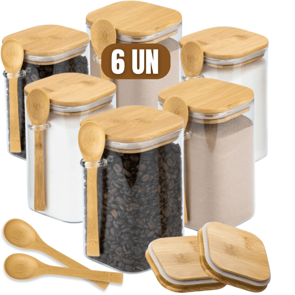 Kit 6 Potes de Vidro Tampa Bambu 200ml Com Colher Tempero Açúcar Sal Cozinha Luxo