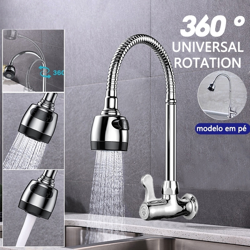 Inox Prata Torneira  Prata/Preto Com Chuveiro Com Rotação De 360° Cozinha Luxo Parede Promoção