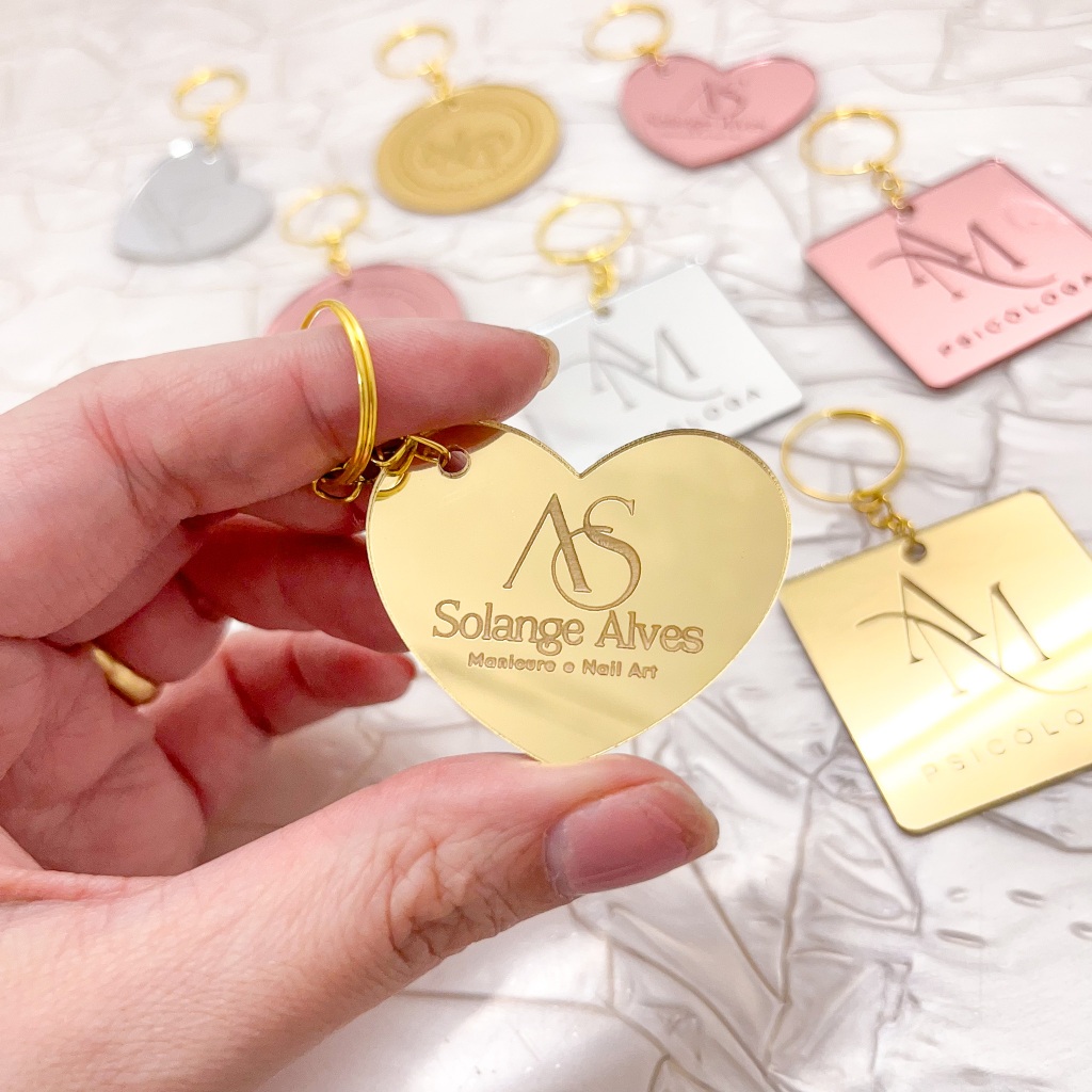 Kit Chaveiro Personalizado Logo Loja e Festas | Acrílico Espelhado Coração Redondo Quadrado