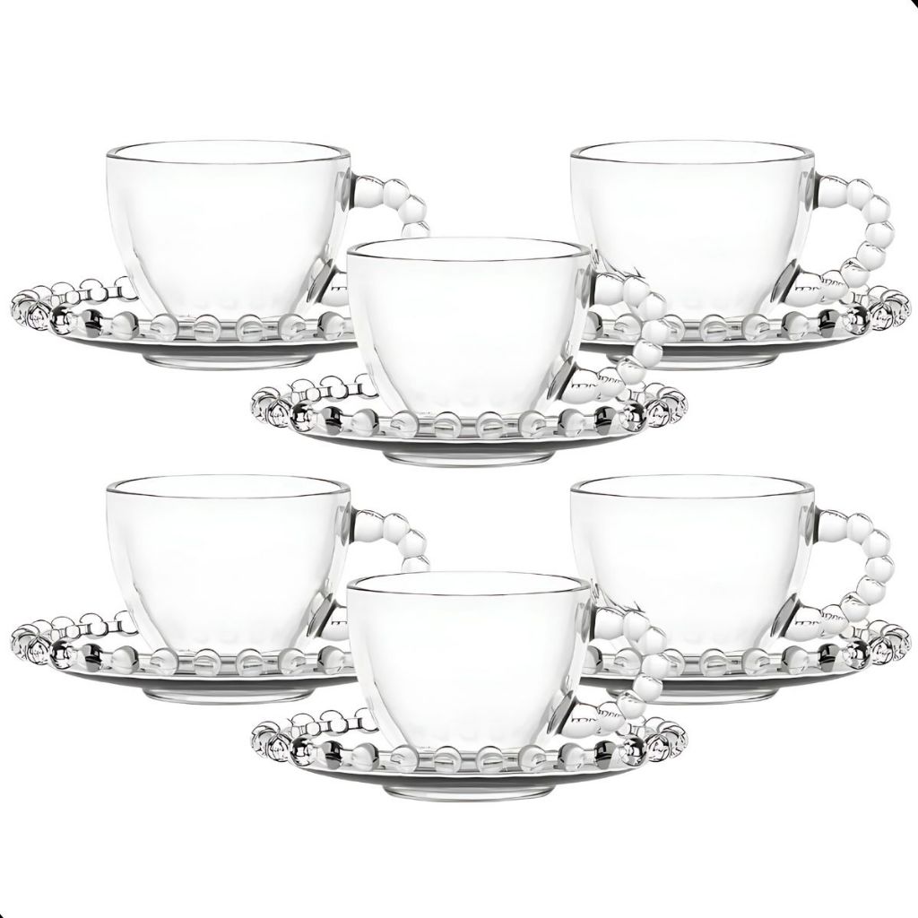 Jogo De Xícaras E Pires Em Vidro Transparente 12 Peças Para Chá Café 220ml Pearl Pérola Bolinha