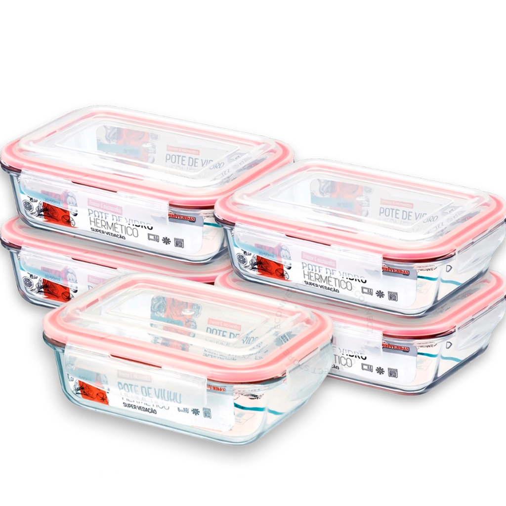 Conjunto Potes Vidro 1050ml Hermético 2 / 5 Unid Mantimentos Marmita 1050ml