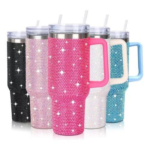 Copo Térmico 1200ml Com Strass Brilhante Com Alça Tampa E Canudo