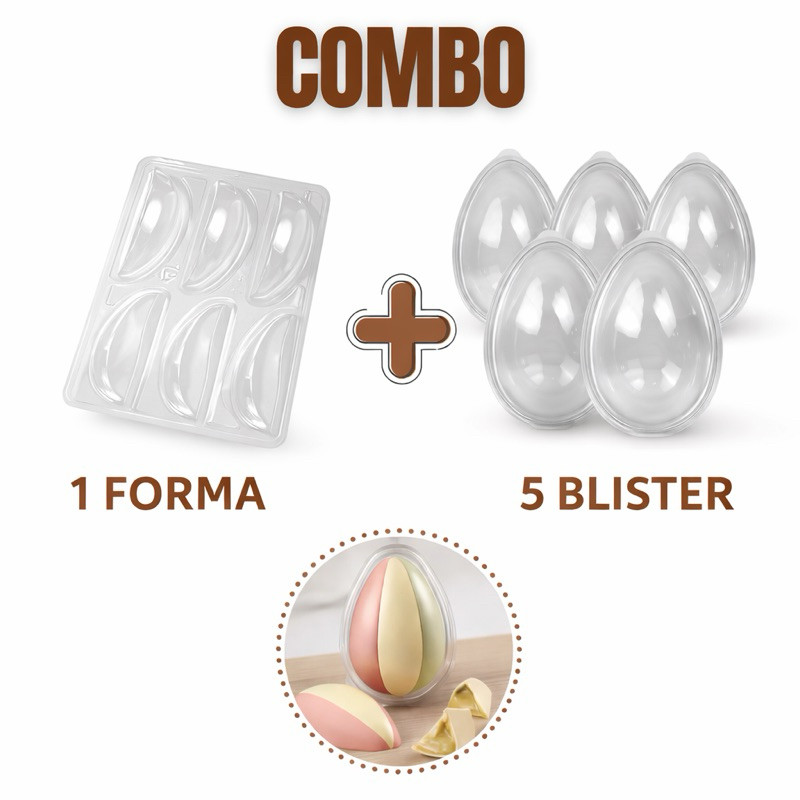 Combo Forma 3 Partes Ovo 6 Fatias 250g PET + Blister Articulado Kit Páscoa