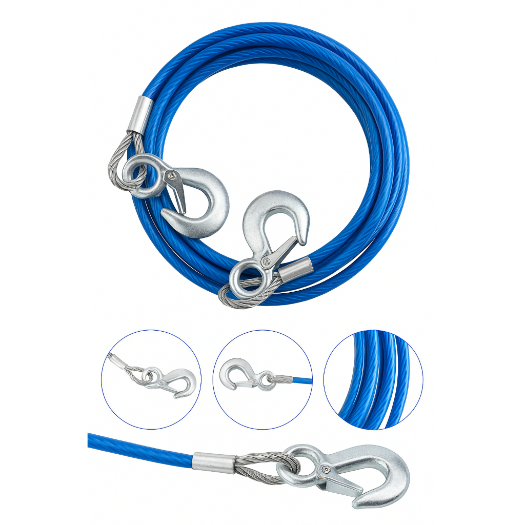 Cabo De Aço PURO 4 metros 7000kg Com Ganchos Mosquetao reforçado reboque guincho carro jet moto
