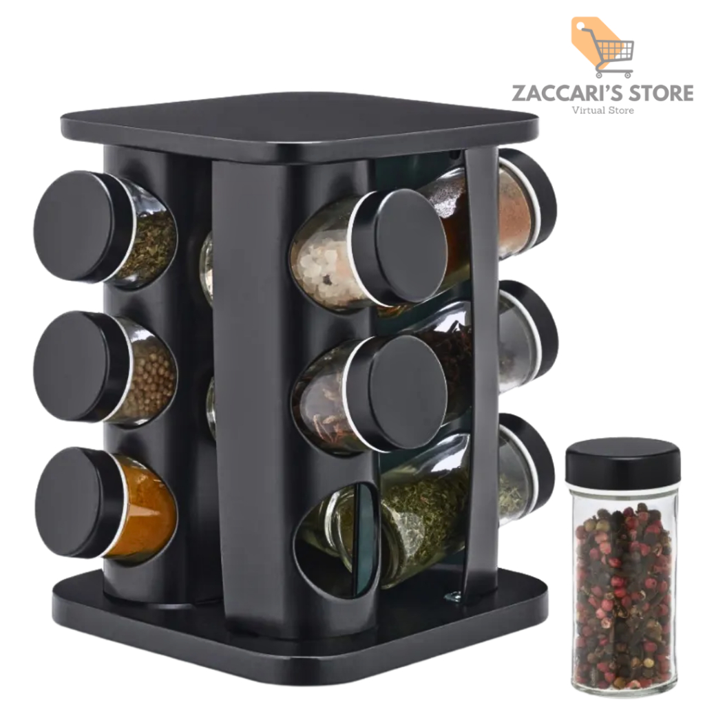 Porta Temperos Giratório Com 12 Potes Com 9 Potes Com 6 Potes De Vidro Tampa Dosadora Preto Para Cozinha