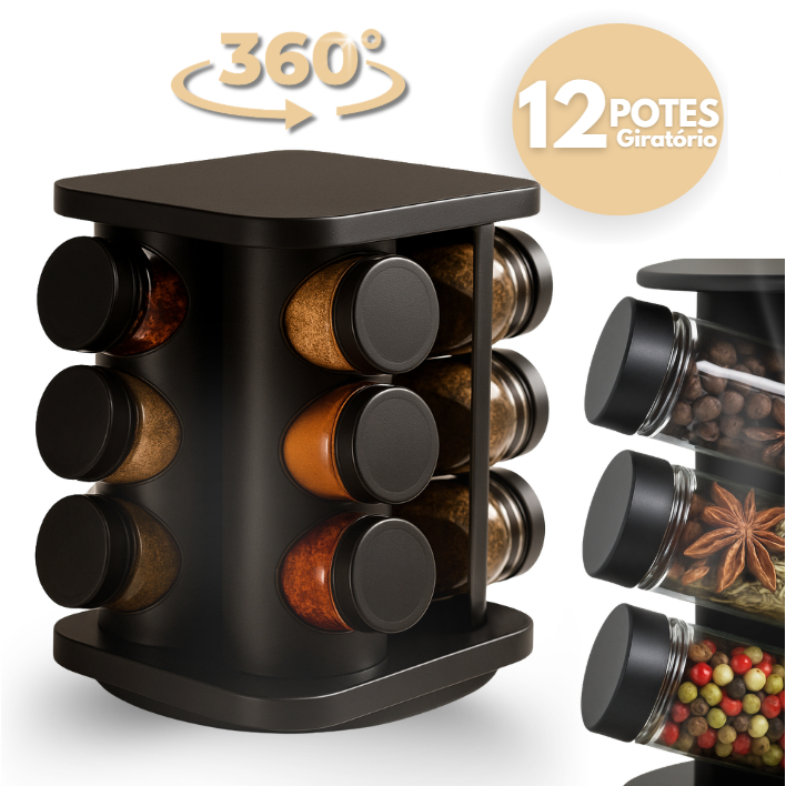 Porta Temperos Profissional Giratório 12 Potes Vidro OFERTA Tampa Dosadora Organizador Condimentos