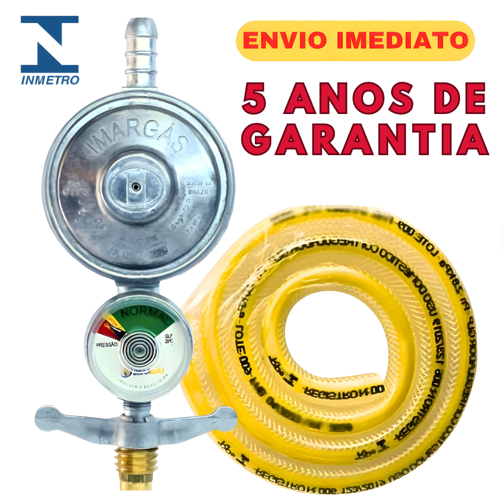 Registro Regulador de Gás de Cozinha 13kg Com Visor Manometro 1KG/H Com Mangueira Fogões Botijão