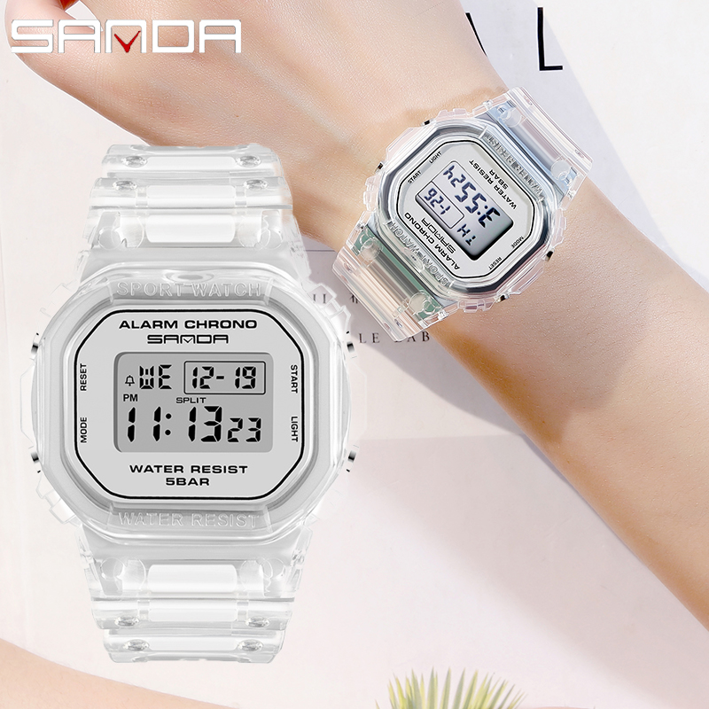 Sanda branco moda esporte relógio presente do amante pulseira transparente led digital relógio masculino senhoras relógio eletrônico reloj mujer 2009