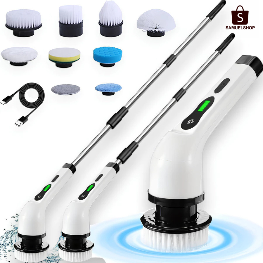 Escova De Limpeza 9 Em1 Recarregavél Elétrica Giratória Com Cabo Alongador