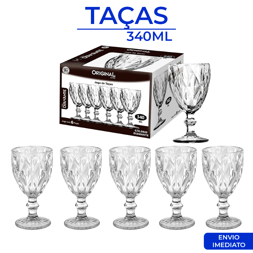 Jogo Taças Vidro 340Ml Diamond Bico Jaca Abacaxi Conjunto Taça Para Água Vinho Tinto Suco Diamante