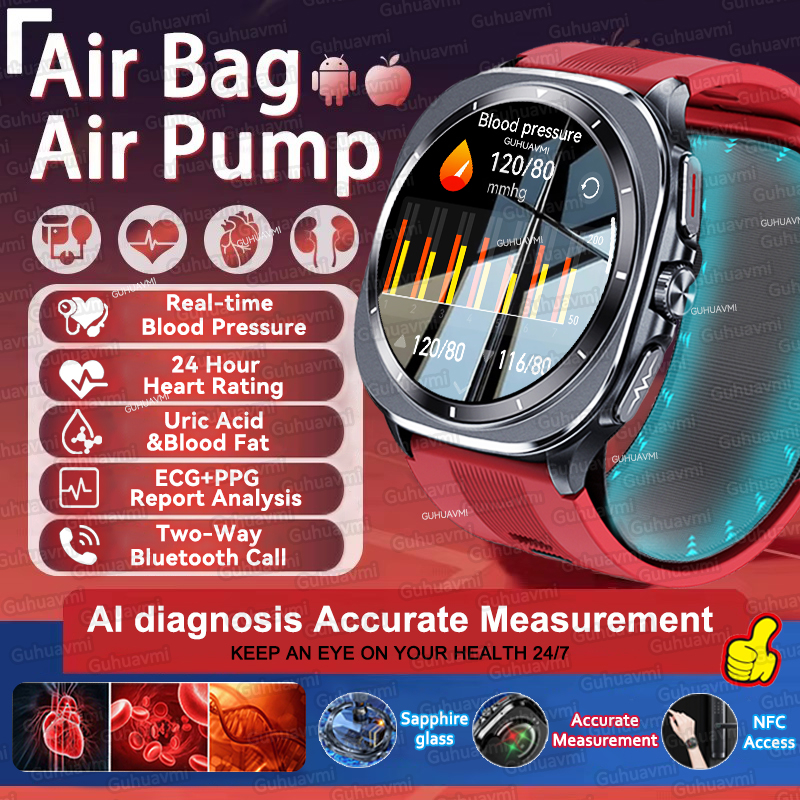 Vidro de safira bomba de ar airbag teste três alta relógio inteligente masculino 1.43 "amoled ecg freqüência cardíaca pressão arterial saúde esportes smartwat
