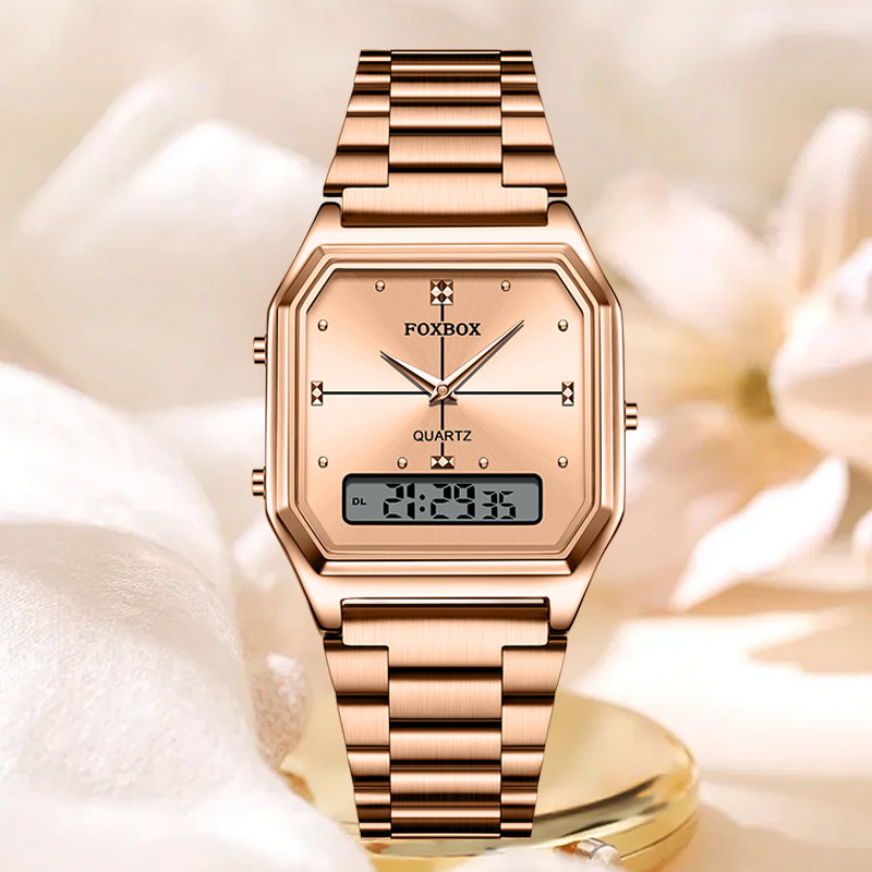 Relógio Eletrônico Clássico Elegante FOXBOX para Mulheres, Moda Luxuosa, À Prova D'Água, Luminosa, Relógio Digital Duplo para Mulheres, Reloj Mujer Novo