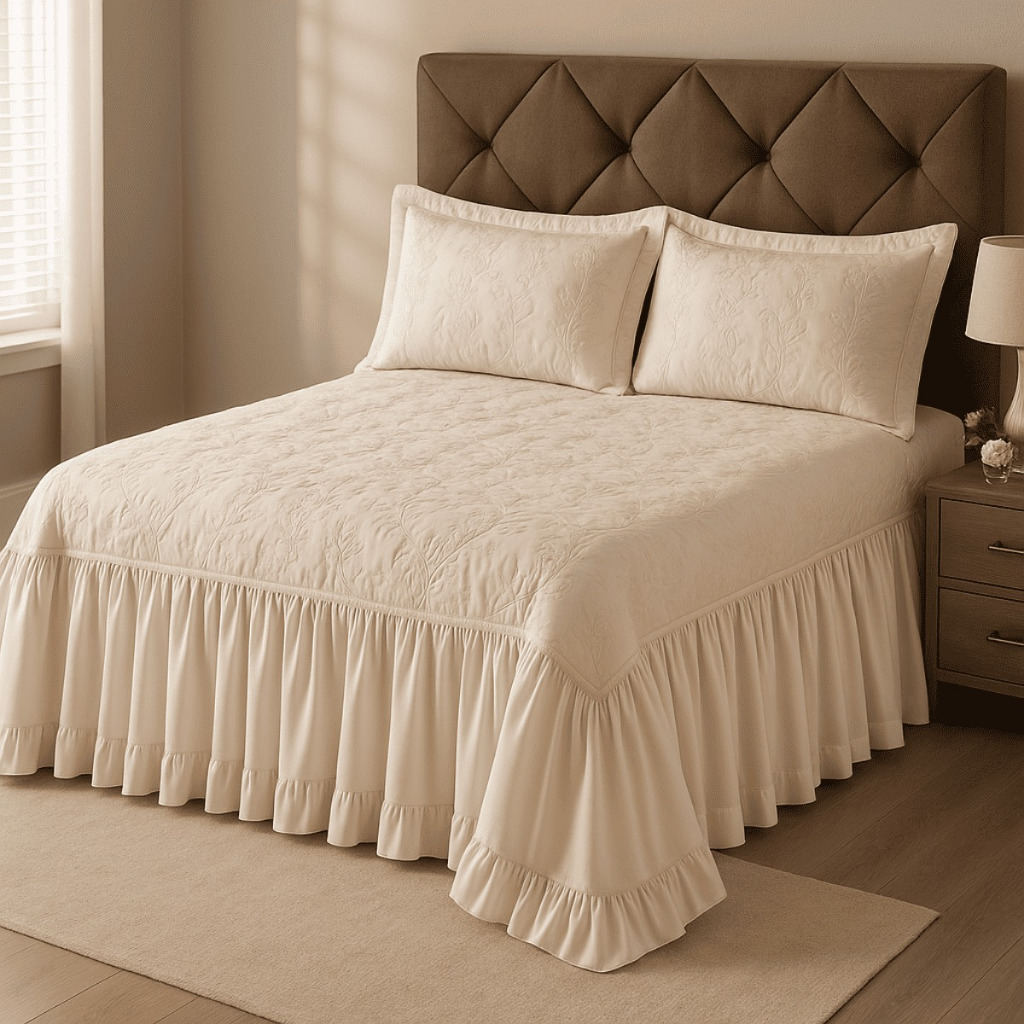 Colcha Casal Bordada Com Babado Cama Box Cobre Leito Com Forro Cama Posta