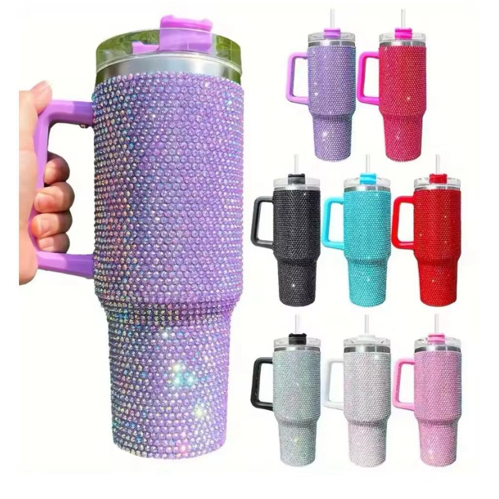 Novidade!  Térmico 1200ml Copo Com Strass Brilhante Com Alça Tampa E Canudo de Plastico ou metal