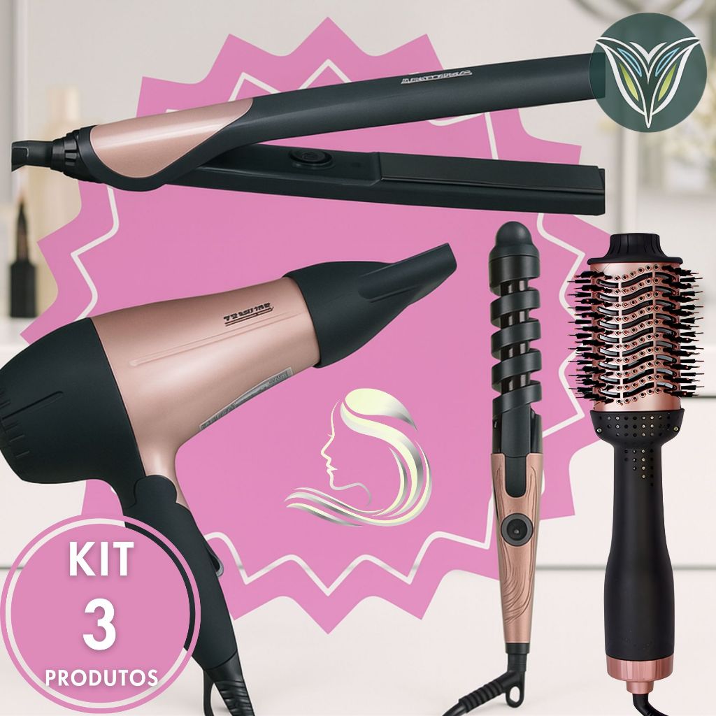 KIT 3 Escova Secadora + Secador de Cabelo Portátil + Modelador de Cachos + Chapinha Profissional Rosa Potente Qualidade
