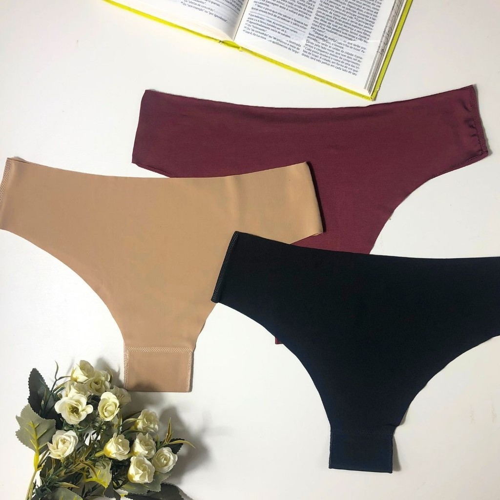 Kit Calcinhas Sem Costura Tanga Forro 100% Algodão Calcinha Corte a Laser Não Marca Lisa  Poliamida