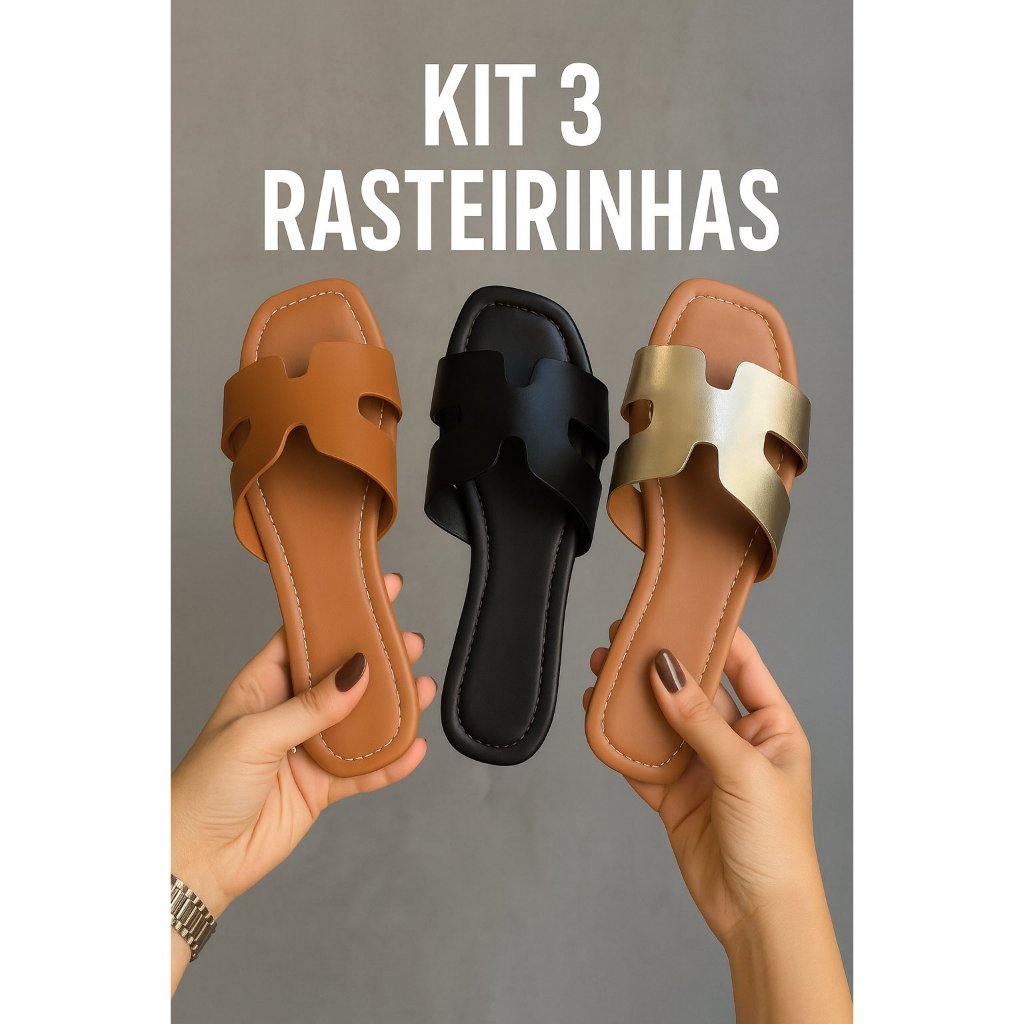 Kit 3 Pares Rasteirinhas Feminina Tenehi Sandálias Rasteira Chinelo Flat Confortável