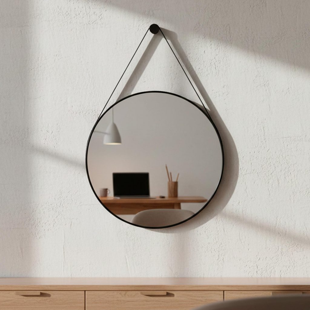 Espelho Redondo Para Banheiro Alça em Couro Decorativo 60cm com Pino Suporte Sala Quarto Hall Adnet