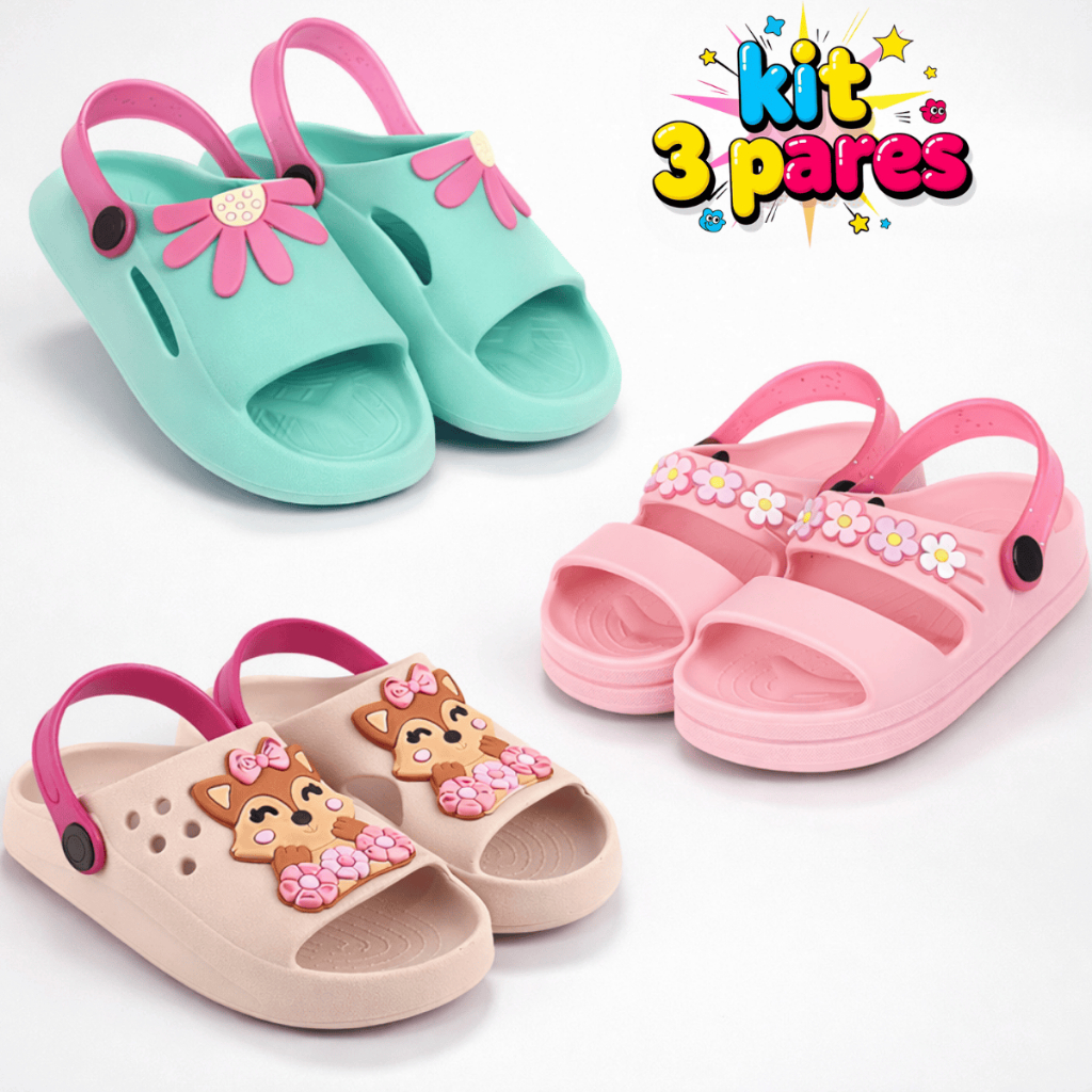 Kit 3 Pares Papete Sandália Infantil Menina Confortável Anatômica