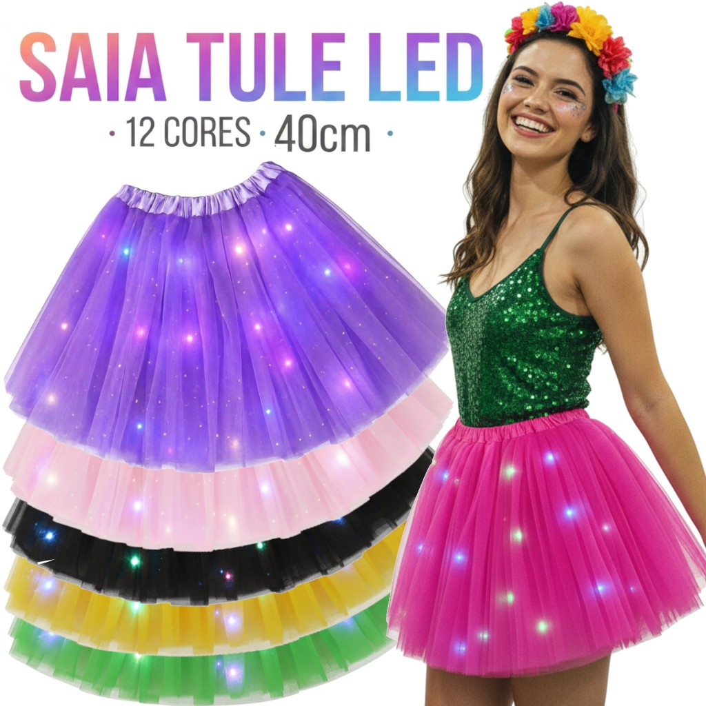 Saia Tule Tutu Brilho Colorida 40cm Carnaval com LED  Ballet Dança Festa Fantasia Diversas Cores