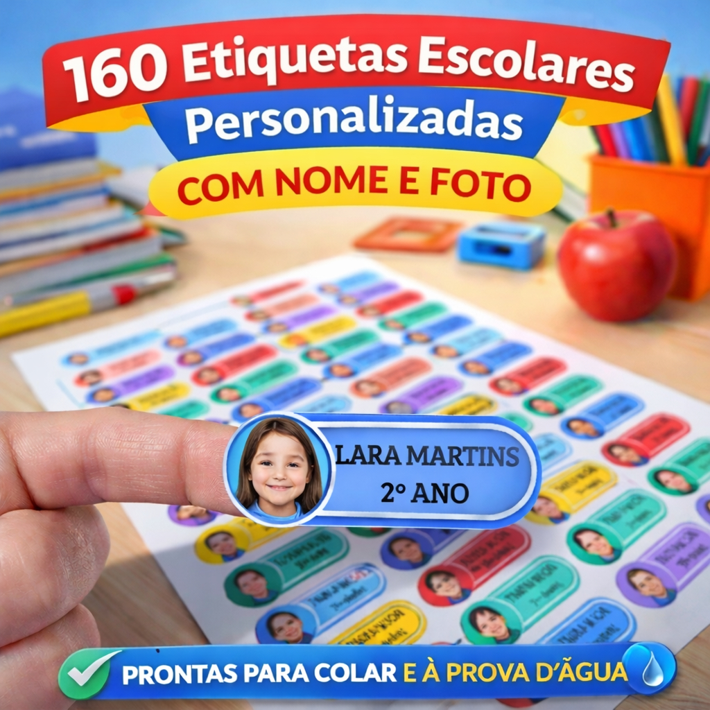 160 Etiquetas Escolares Personalizadas com Nome e Foto | Adesivos Volta às Aulas