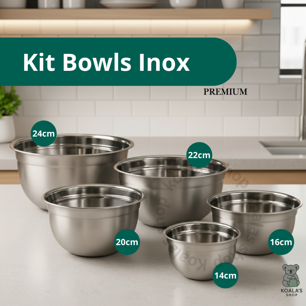 Conjunto de Bowl Inox Kit Peças de Tigela Inox Empilhável 14cm 16cm 20cm 22cm 24cm Gamela ou Bacia Cozinha