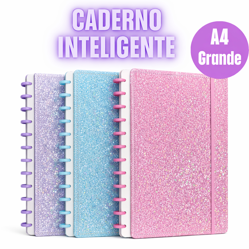 Caderno Inteligente kit 1 2 3 4 11 Discos Grande A4 Capa Dura com Gliter refil 80 Folhas Escolar Escritorio Faculdade