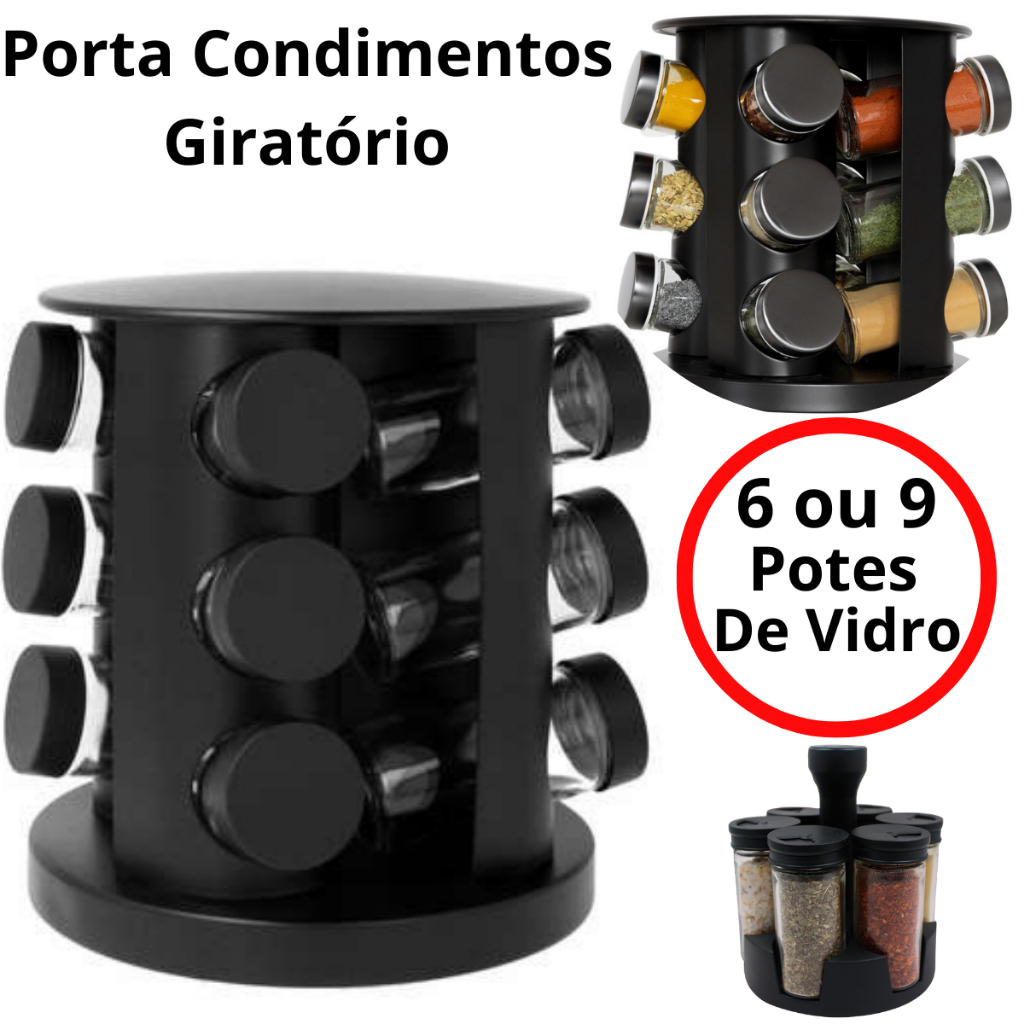 Porta Temperos Condimentos Giratório 6 e 9 Potes Vidro 90G com Tampa Dosadora Preto + Etiquetas Adesivas