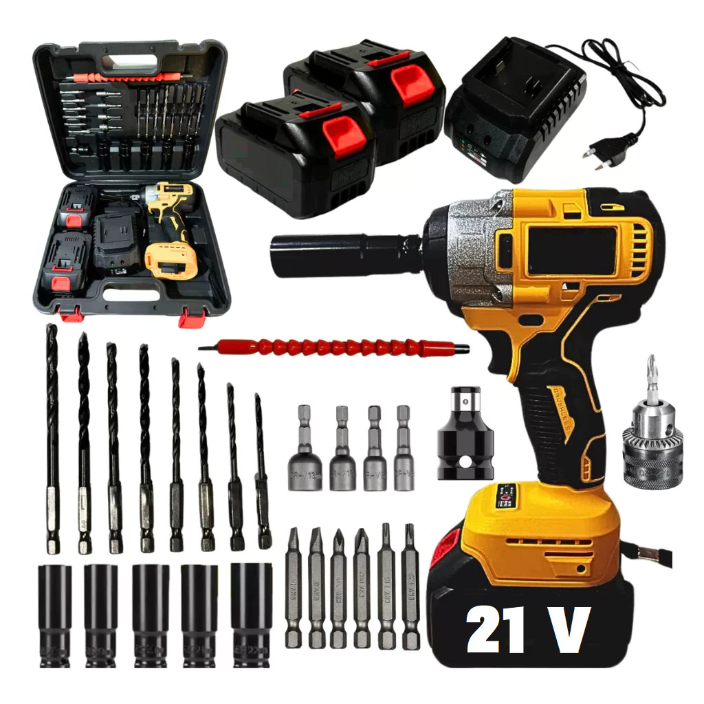 Parafusadeira Furadeira E Chave De Impacto 21V E 2 Baterias Sem Fio Soquetes Com Maleta Profissional