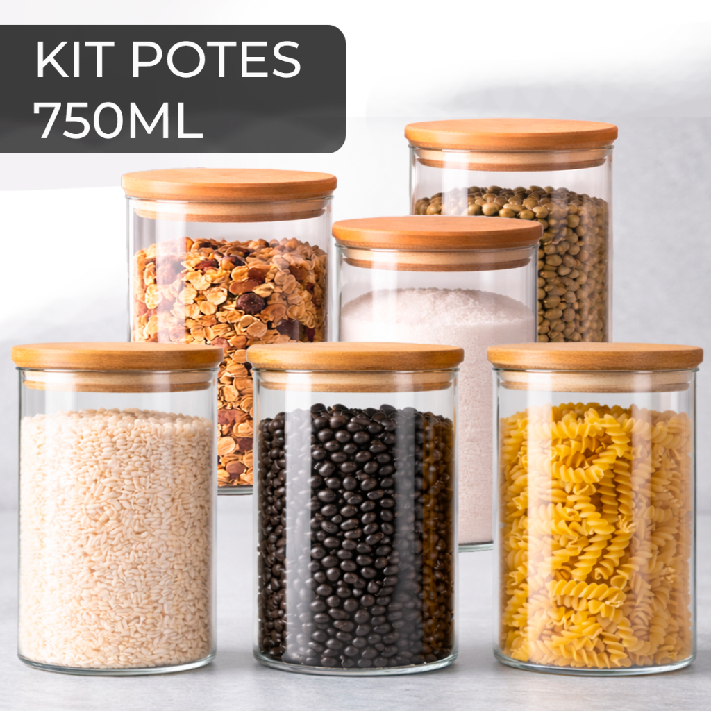 Kit 2 ou 4 ou 6 Potes De Vidro Hermético 750ml Tampa Bambu Tempero Mantimentos Alimentos Premium