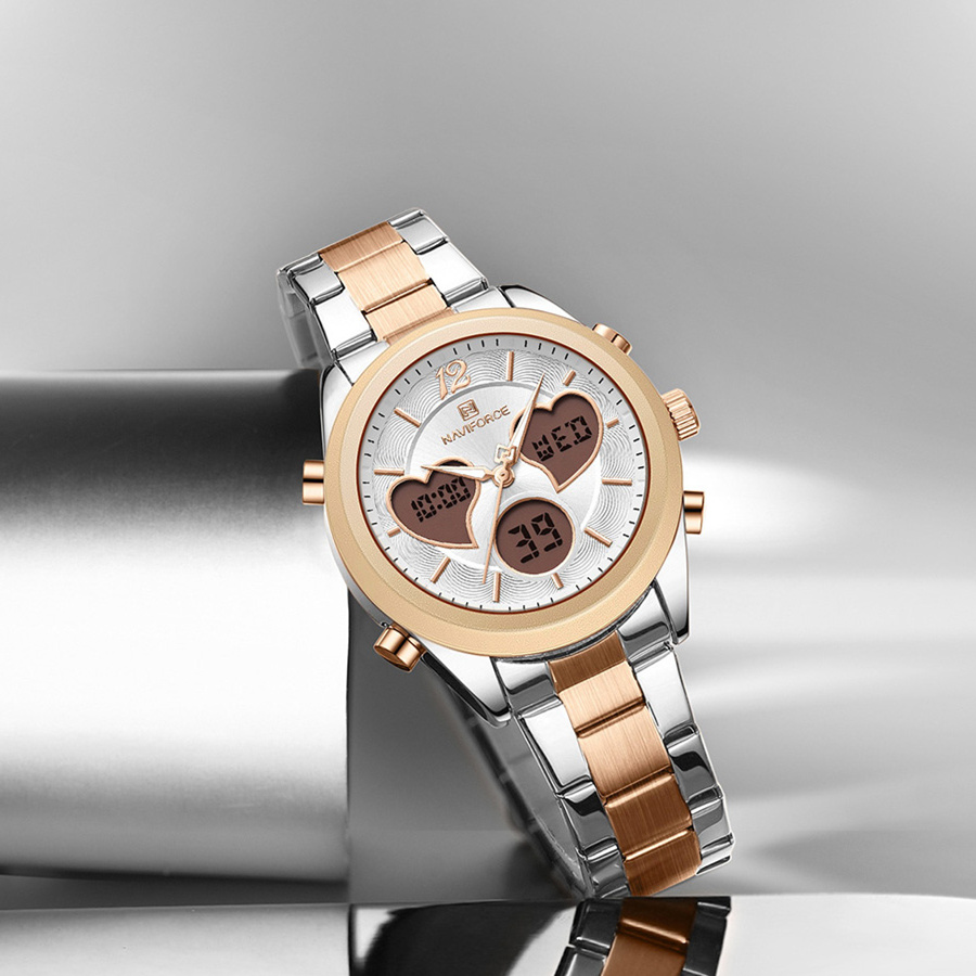NAVIFORCE Relógio de quartzo feminino 3ATM à prova d'água pulseira de aço inoxidável display duplo relógio eletrônico feminino multifuncional