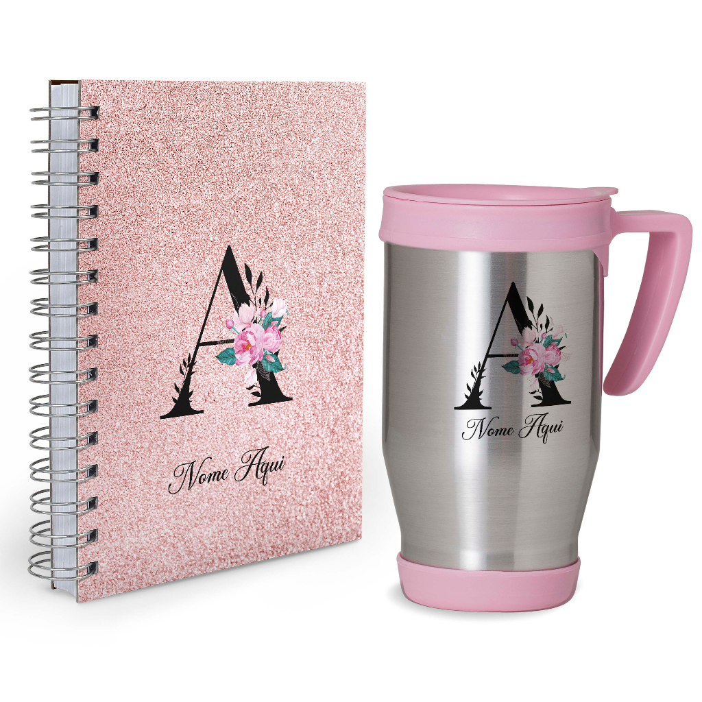 Kit agenda personalizada 2026 + Caneca areia rosa  inicial  Holográfico com seu nome