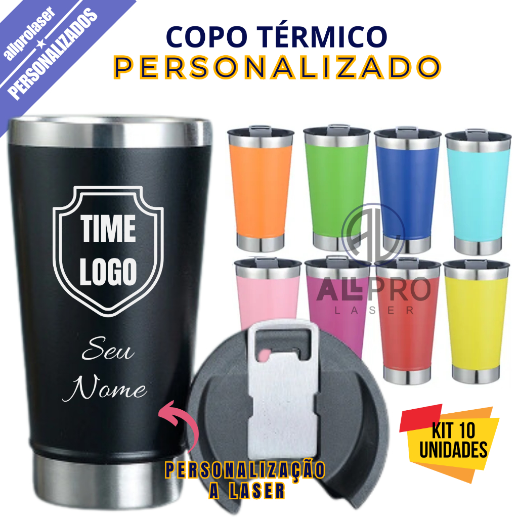 Kit 10 Copos Térmico 473ml Personalizado a Laser Nome Time Logo  Presente Envio Imediato