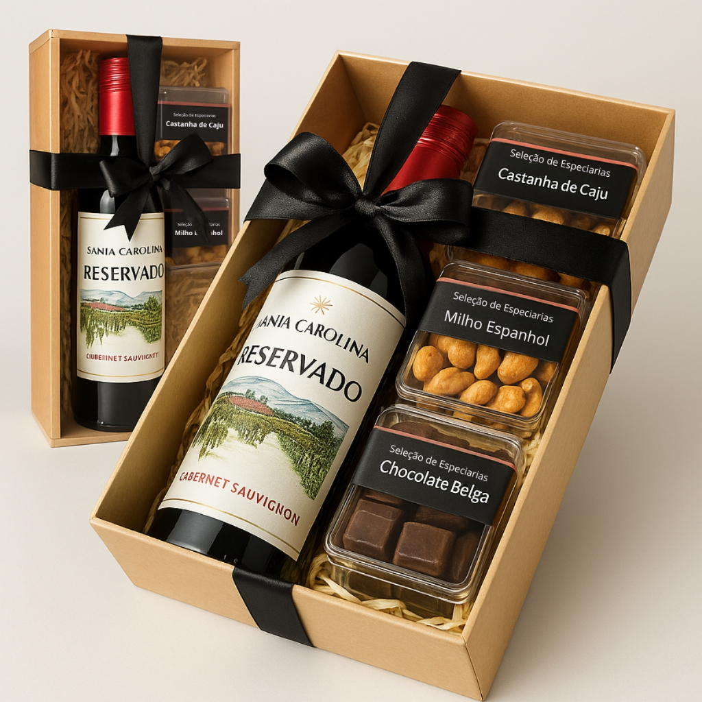 Kit Vinho Tinto Meio Seco ou Suave 375ml com Aperitivos Selecionados - Presente Brinde para Todas as Ocasiões