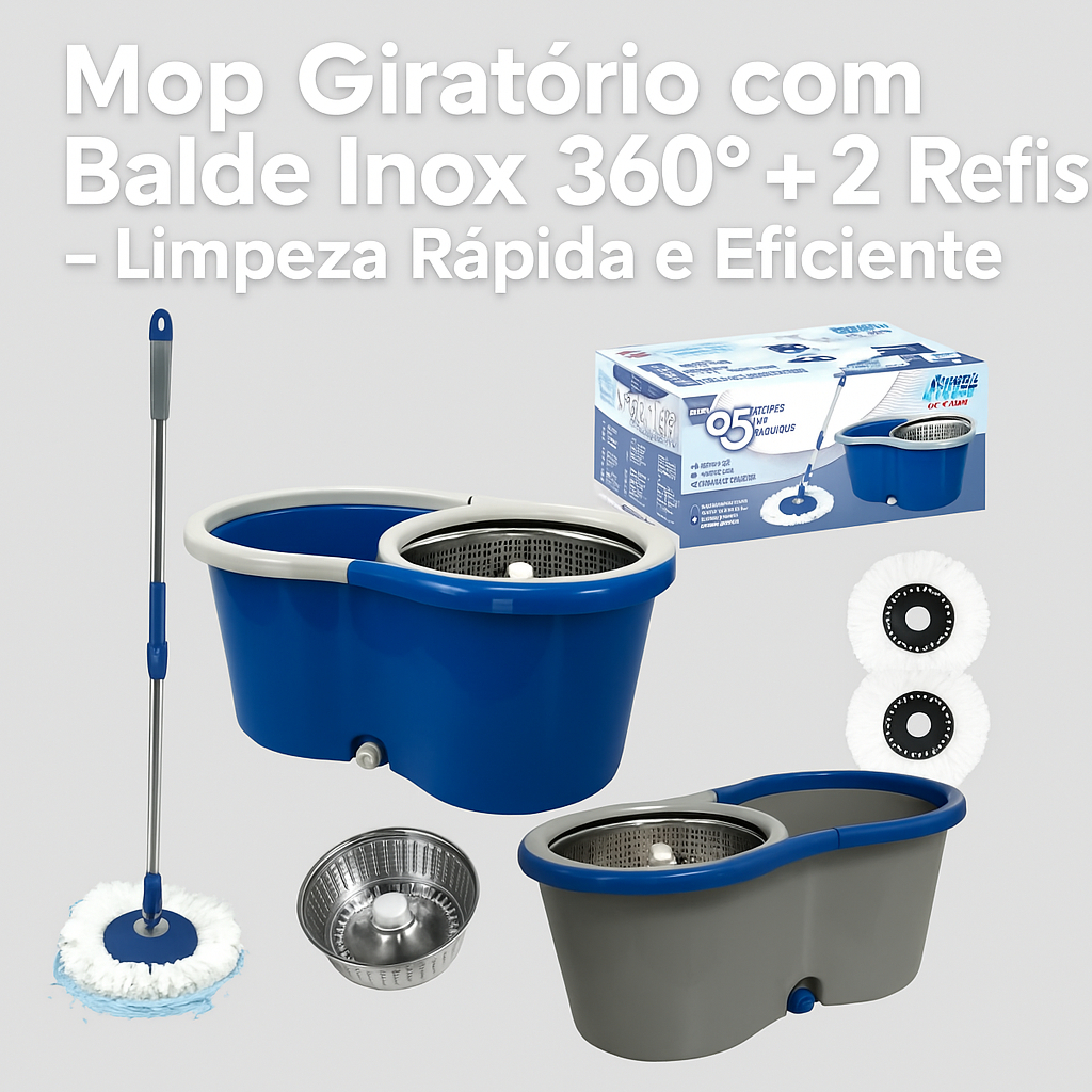 Mop Giratório com Balde Inox 360º + 2 Refis Esfregão Limpeza Rápida Casa e Piso