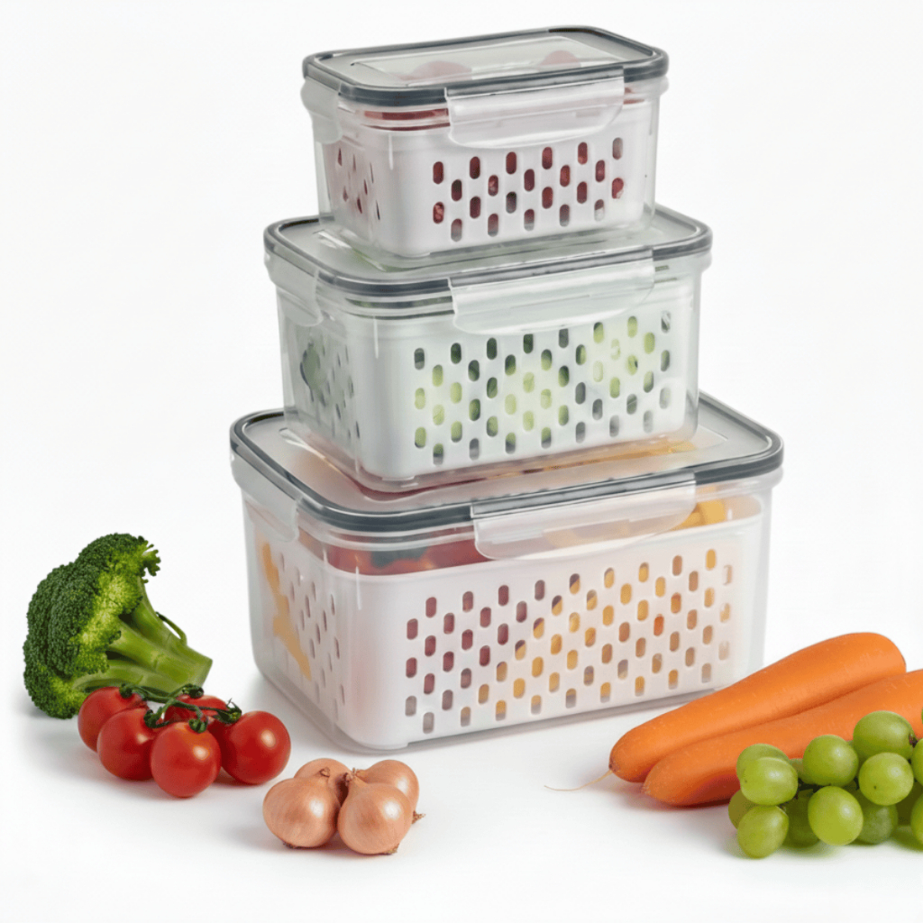 Kit 3 Organizadores de Geladeira Potes Herméticos Alimentos Cozinha Com Cesto Removível Lavar Frutas