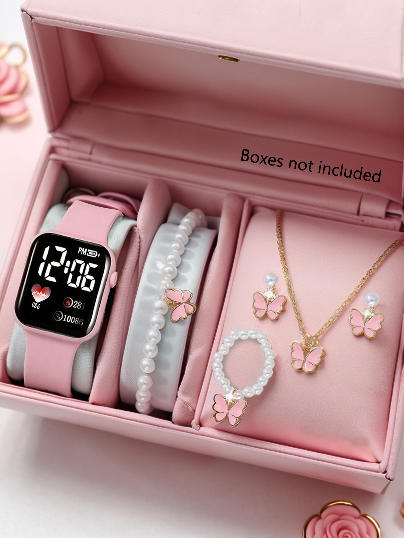 Conjunto de relógio eletrônico com padrão de amor e acessórios de borboleta, presente de aniversário (sem caixa incluída)