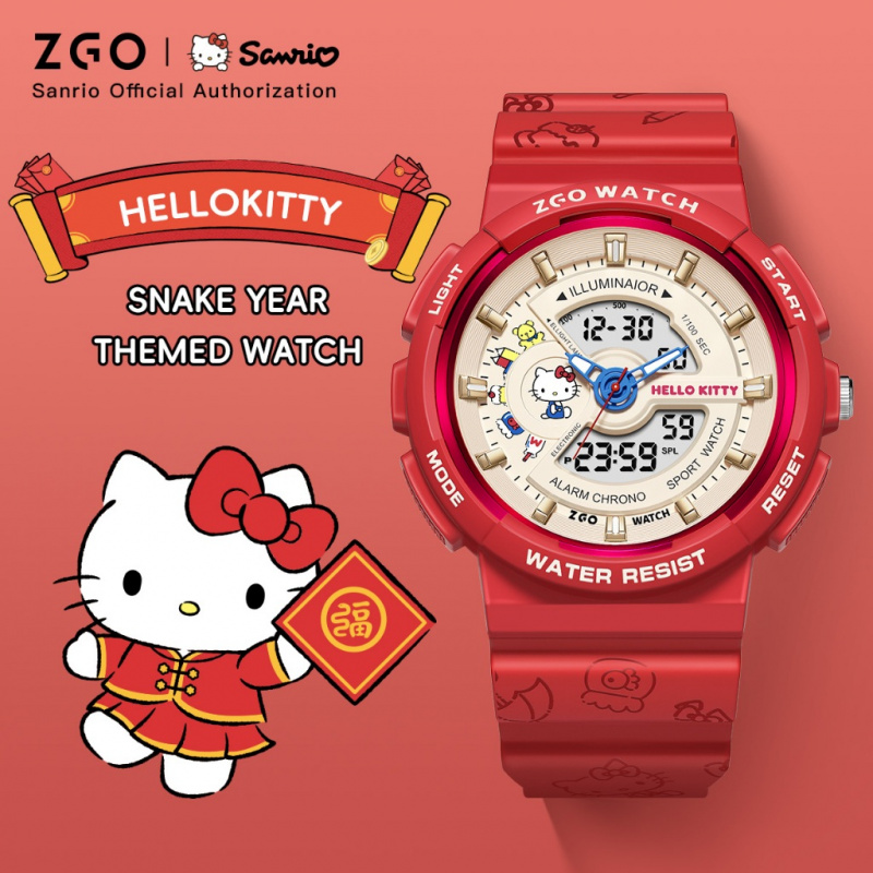 ZGO Sanrio Hello Kitty Relógio Digital Feminino Multifuncional Desportivo À Prova D 'Água Relógio Eletrônico Vermelho para Estudantes Presente 8573