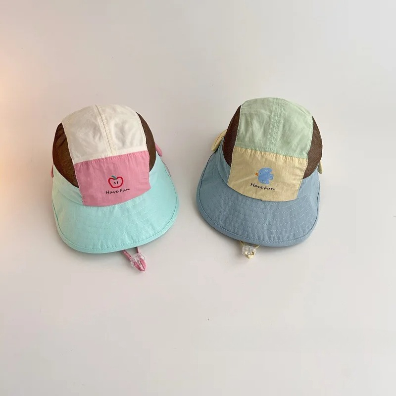 Chapéu de Sol Infantil Fino de Verão com Proteção UV de Secagem Rápida para Meninos e Meninas de 1 a 5 Anos, Desenho Animado, Bloco de Cores Macaron, Aba Dupla, para Atividades ao Ar Livre