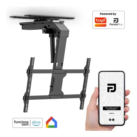 Suporte Tv Teto Motorizado Elétrico 35 A 75 Polegadas Suporta Até 45kg Wifi Inclinação 70° Rotação 180° App Pandaplus Tuya Alexa Padrão Vesa Cor Preto