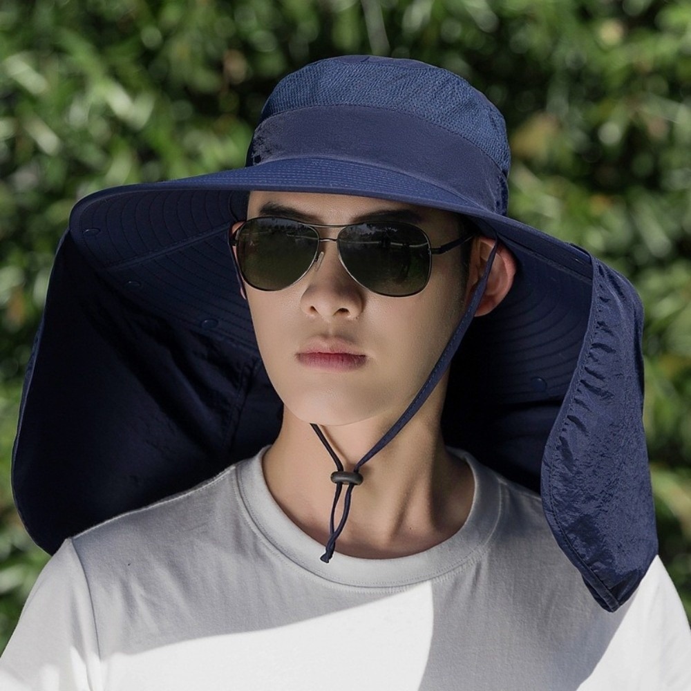 Chapéu de Sol Masculino de Moda com Proteção para o Pescoço, Aba Larga, Chapéu Bucket de Verão com Proteção Solar e Xale Removível, Chapéu de Pescador para Caminhada